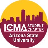 ASU ICMA Student Chapter logo - white lettering, maroon cityscape, gold background