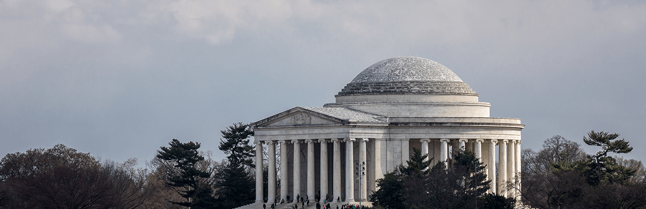 Jefferson Memorial surrounded by trees against a cloudy gray sky