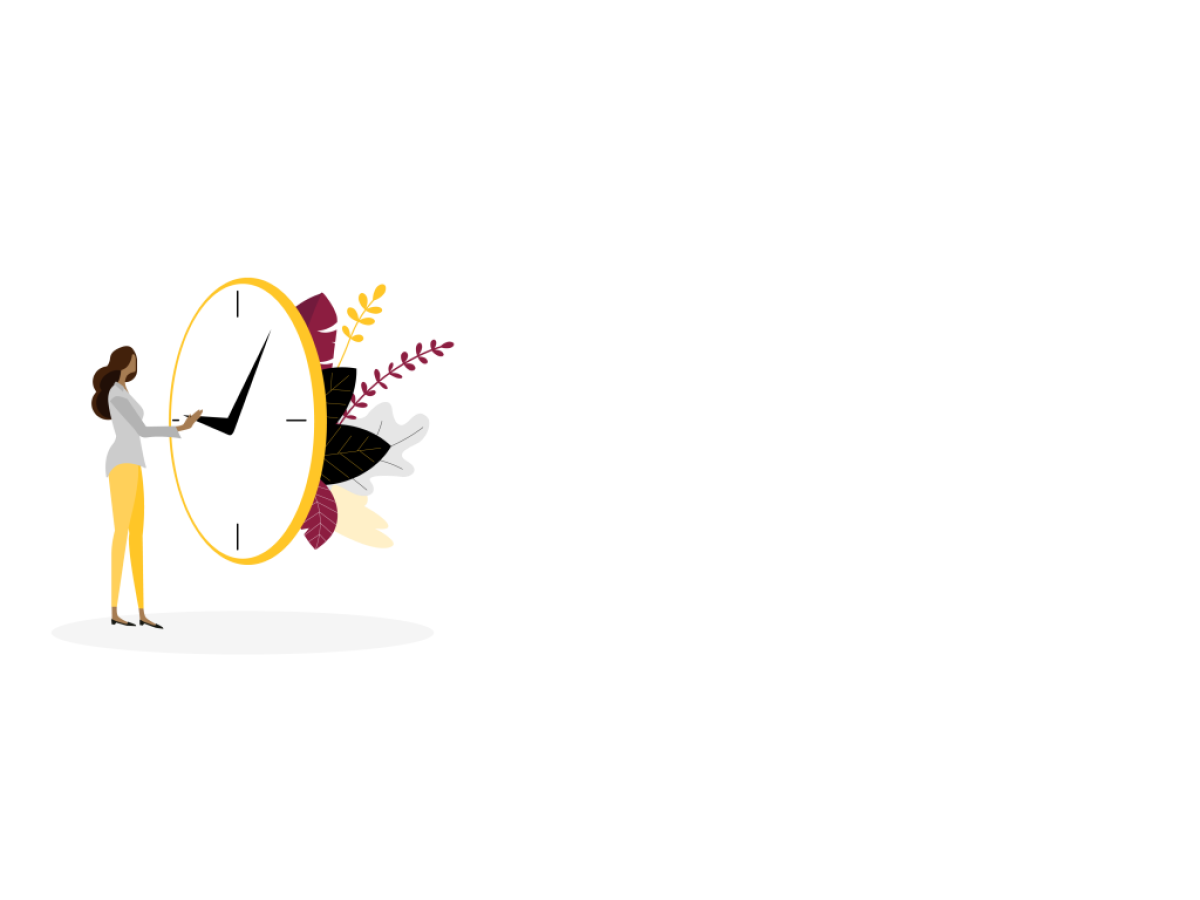 graphic of woman standing by a large clock with flowers behind it